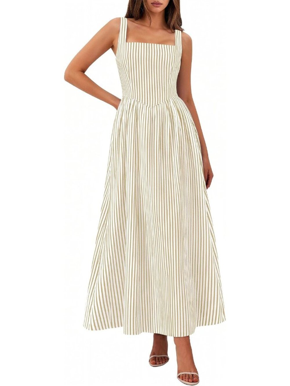 Women's Beige Striped Sundress Summer Sleeveless Square Neck Pockets Maxi Dress
